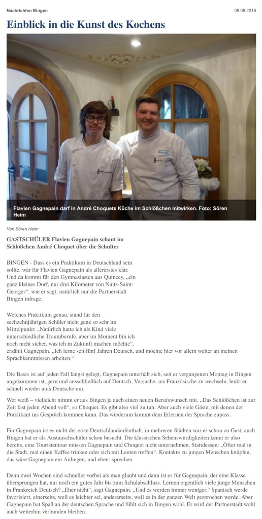 Einblick in die Kunst des Kochens. Gastschüler Flavien Gagnepain aus Quincey bei Nuits-St-Georges schaut im Restaurant Schlößchen am Mäuseturm bei André Choquet und Familie über die Schulter.